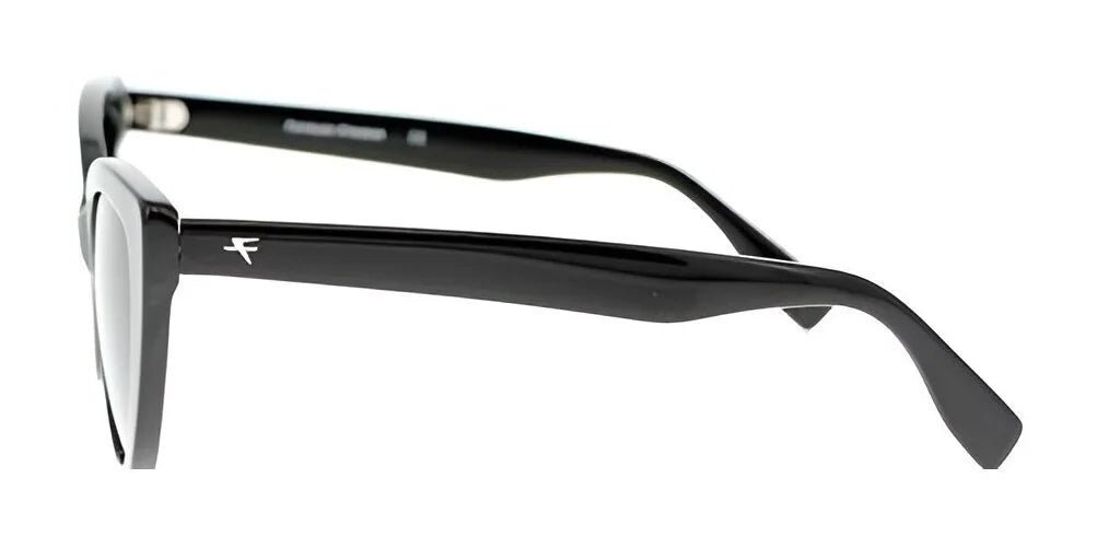 Side profile of the black rectangular Fatheadz COMPLICATED Sunglasses, showcasing thick arms with a small white logo on the temple, providing UV protection.