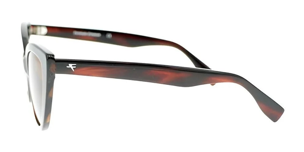 Side profile of Fatheadz COMPLICATED sunglasses in a brown tortoiseshell design, showcasing a brand logo on the arm and equipped with polarized lenses for enhanced UV protection.