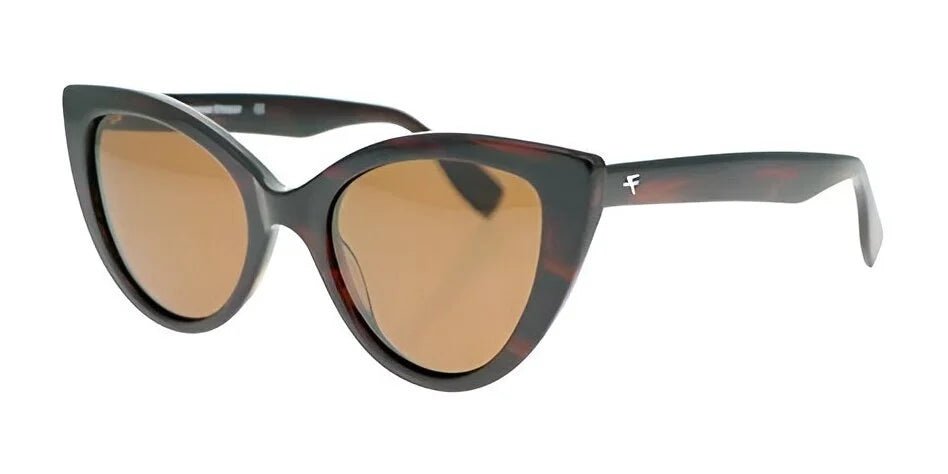 Fatheadz COMPLICATED sunglasses feature cat-eye tortoiseshell frames and brown polarized lenses, providing UV protection.