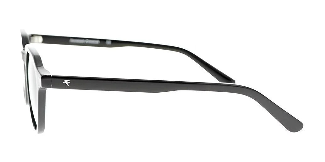 A side view of the black Fatheadz ETERNAL Sunglasses highlights their rectangular frames and a discreet logo on the arm, making them a quintessential men's fashion accessory.