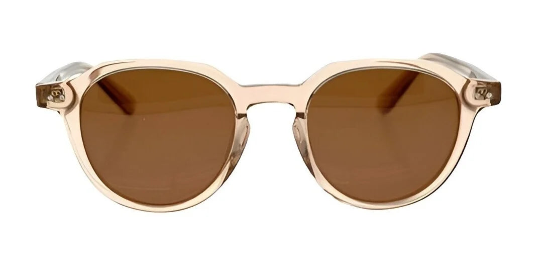 The Fatheadz ETERNAL Sunglasses feature a stylish combination of round frames in transparent beige and brown lenses, making them an ideal accessory for men's fashion, showcased elegantly against a white background.