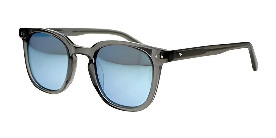 The Fatheadz FLIPSIDE Sunglasses are designed with gray frames and blue-tinted, polarized lenses that provide superior UV protection, and they also include a subtle logo on the arm.