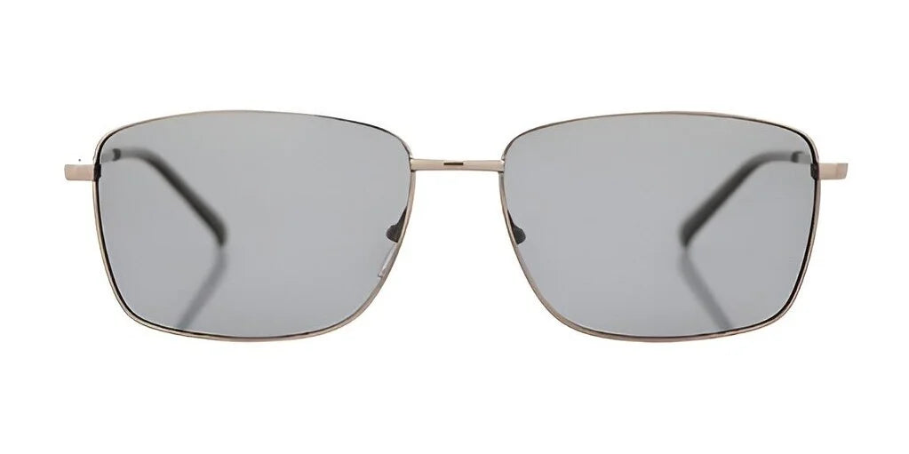 The Fatheadz GAZUMP Sunglasses | Size 58 boast rectangular metal frames paired with stylish gray polarized lenses that ensure UVA and UVB protection. Set against a pristine white background, these sunglasses combine elegance with superior sun protection.