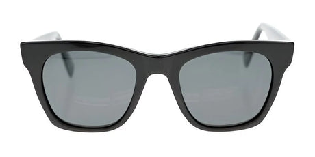 Front view of the Fatheadz GUILT Sunglasses, showcasing their black square-shaped design with dark polarized lenses and oversized frames for a striking appearance.