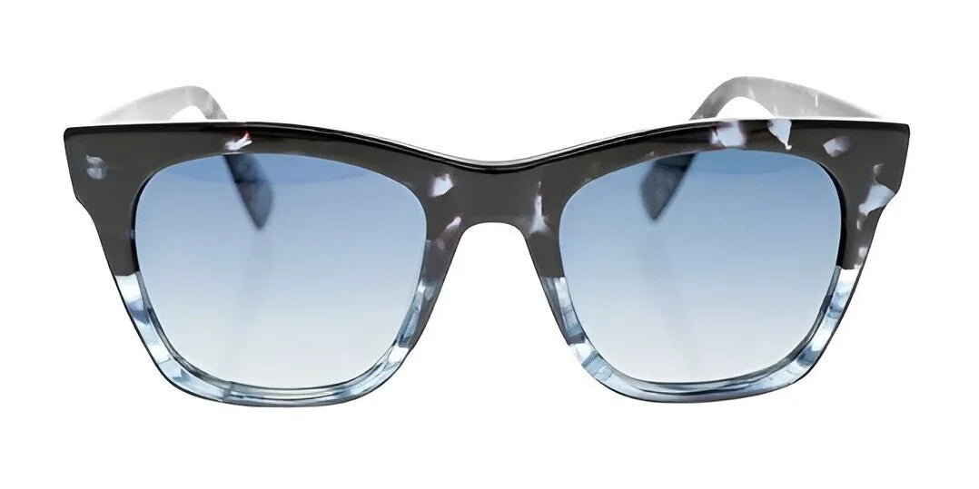 The Fatheadz GUILT Sunglasses by Fatheadz showcase a stylish cat-eye design with oversized frames, highlighted by a bold black and white marbled pattern and complemented with blue gradient lenses.