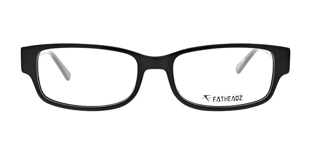 The daring style of the Fatheadz JAXSONIAN Eyeglasses in Size 60 is highlighted by their sleek black rectangular frames and clear lenses, providing optimal comfort against a pristine white background.