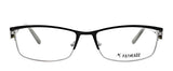 The Fatheadz JULIO Eyeglasses in size 60 offer a sleek and stylish look with black semi-rimless frames, clear lenses, and silver temples, elegantly displayed from the front.