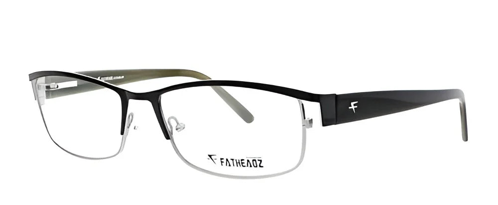 The Fatheadz JULIO Eyeglasses offer a sleek and stylish design with semi-rimless frames in black, featuring the brand's distinctive logo on the temple—a truly premium addition to any wardrobe.