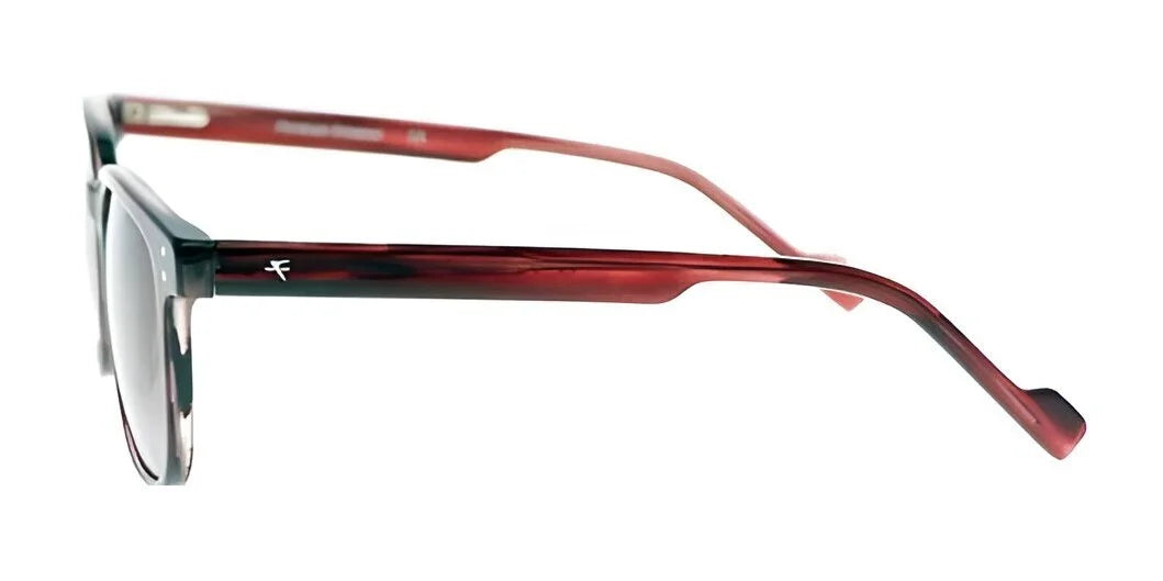 A side view of the sleek Fatheadz KARMA Sunglasses in red and black, featuring thin arms, a glossy finish, and polarized lenses.