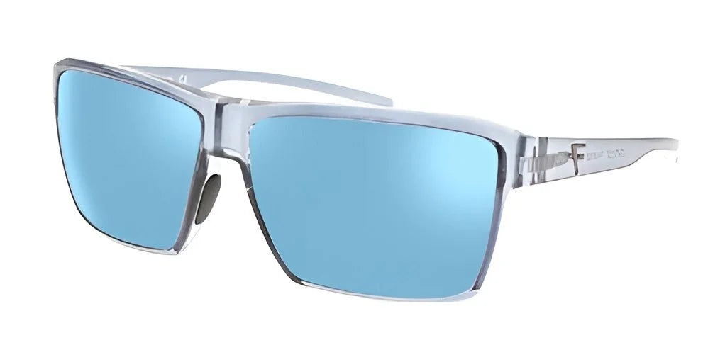 The Fatheadz LIGHTS OUT Sunglasses | Size 62, by the brand Fatheadz, showcase an oversized design with clear frames and light blue polarized lenses against a sleek white background.