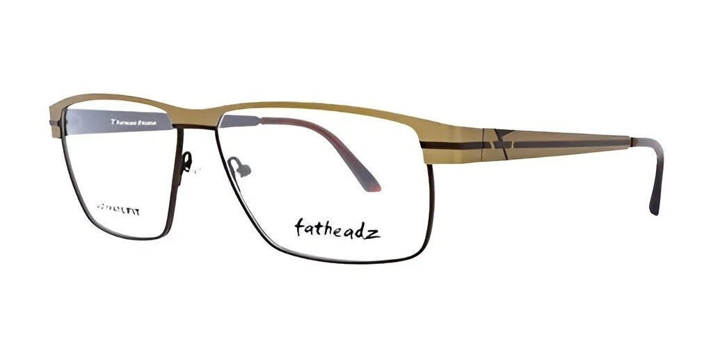 Explore the fashionable Fatheadz LIMIT Eyeglasses, crafted to accommodate larger head sizes. These metal eyeglasses boast a slim brown rectangular frame and are embellished with the iconic "Fatheadz" logo on the lenses.