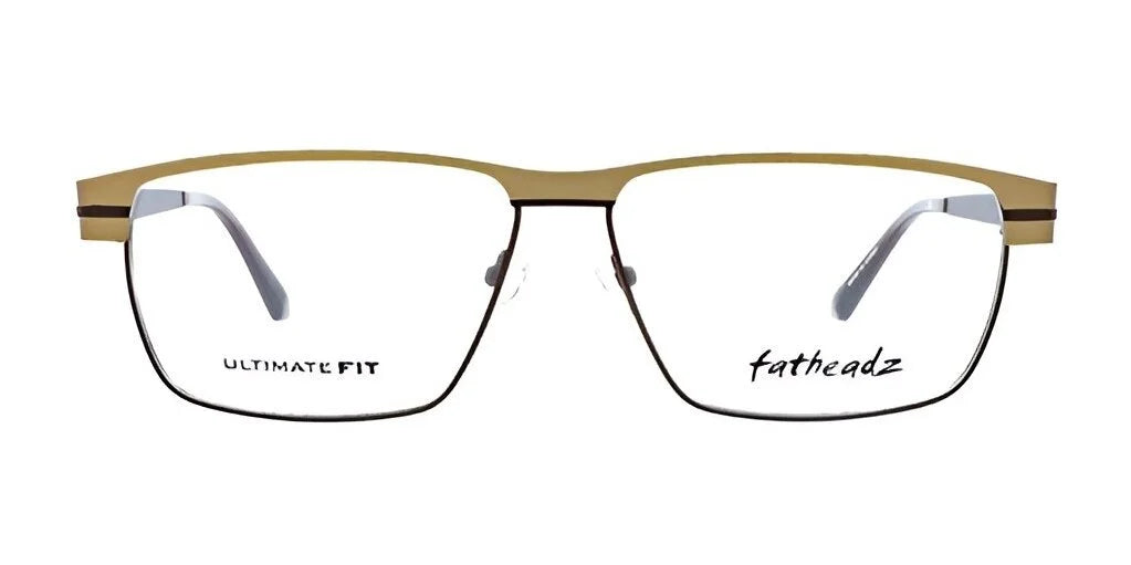 Introducing the chic Fatheadz LIMIT Eyeglasses | Size 61, crafted for larger head sizes. These eyeglasses boast a sleek gold frame and clear lenses engraved with "Ultimate Fit" and the "Fatheadz" brand, providing both comfort and sophistication in one elegant package.