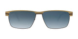 Fatheadz LIMIT Sunglasses, featuring a gold frame and UV-resistant, gradient blue lenses, displayed against a white background.