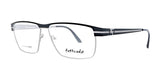 The black and silver rimless Fatheadz LIMIT Eyeglasses, Size 61, are crafted for larger head sizes and feature the distinctive "Fatheadz" branding on the lenses for a stylish touch.