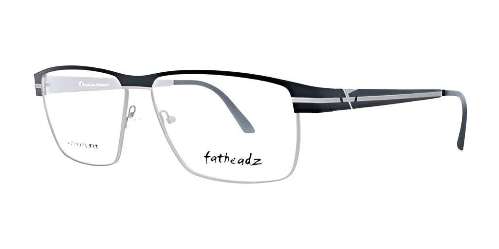 The black and silver rimless Fatheadz LIMIT Eyeglasses, Size 61, are crafted for larger head sizes and feature the distinctive "Fatheadz" branding on the lenses for a stylish touch.