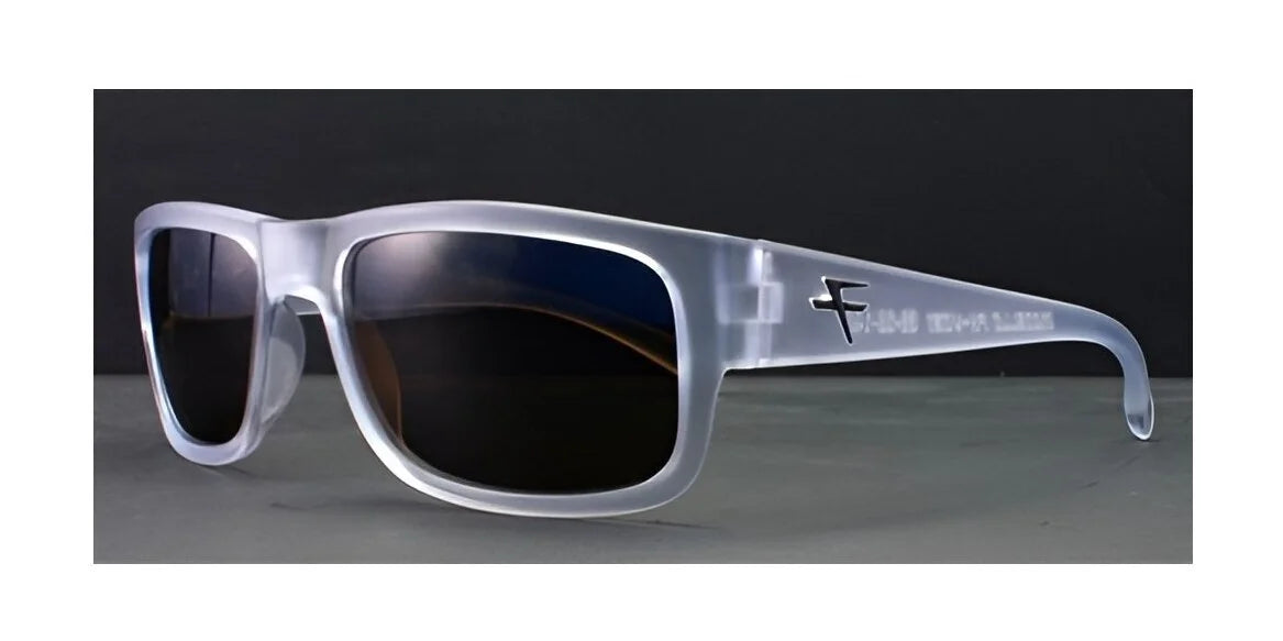 The frosted white Fatheadz MODELLO sunglasses, size 63, feature black lenses and an oversized design with a logo on the side, all highlighted against a dark backdrop. They provide maximum UV protection with every wear.