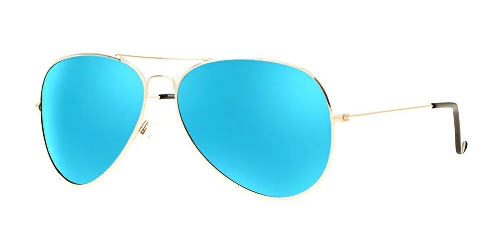 Fatheadz PILOT Sunglasses with a classic aviator design, featuring blue polarized lenses and sleek gold frames.