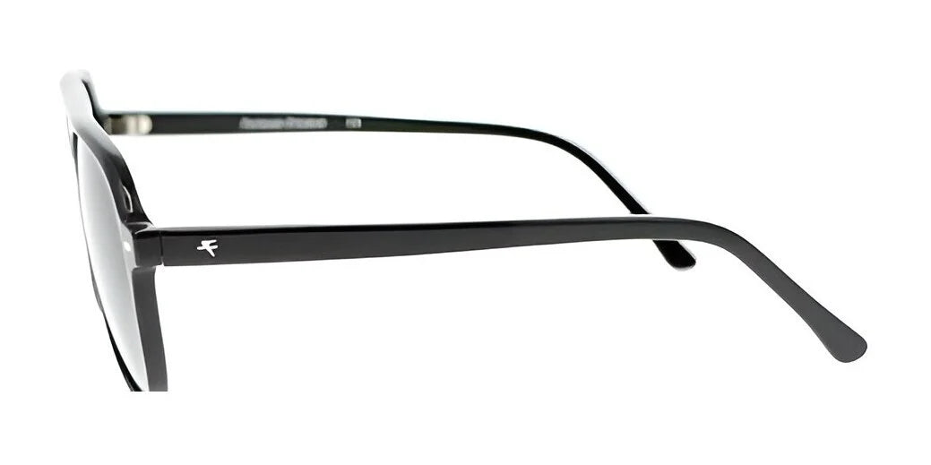 The side view of oversized black eyeglasses with a small logo on the arm, designed in the style of Fatheadz PRINCE sunglasses, set against a white background.