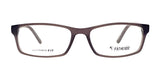 Rectangular eyeglass frames in brown with clear lenses, showcasing "Ultimate Fit" and "Fatheadz" logos on the inside. These fashionable Fatheadz RAIN KING Eyeglasses | Size 61 deliver both exceptional comfort and eye protection.