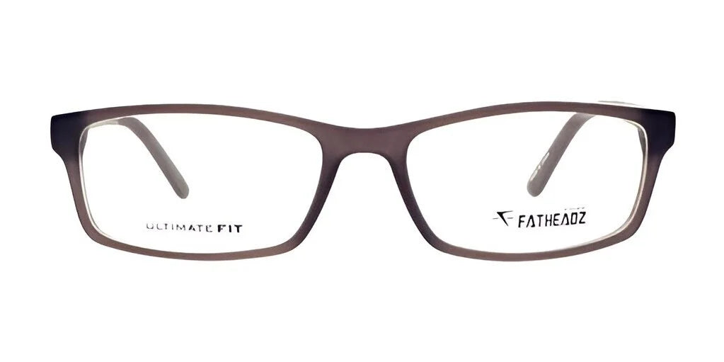 Rectangular eyeglass frames in brown with clear lenses, showcasing "Ultimate Fit" and "Fatheadz" logos on the inside. These fashionable Fatheadz RAIN KING Eyeglasses | Size 61 deliver both exceptional comfort and eye protection.