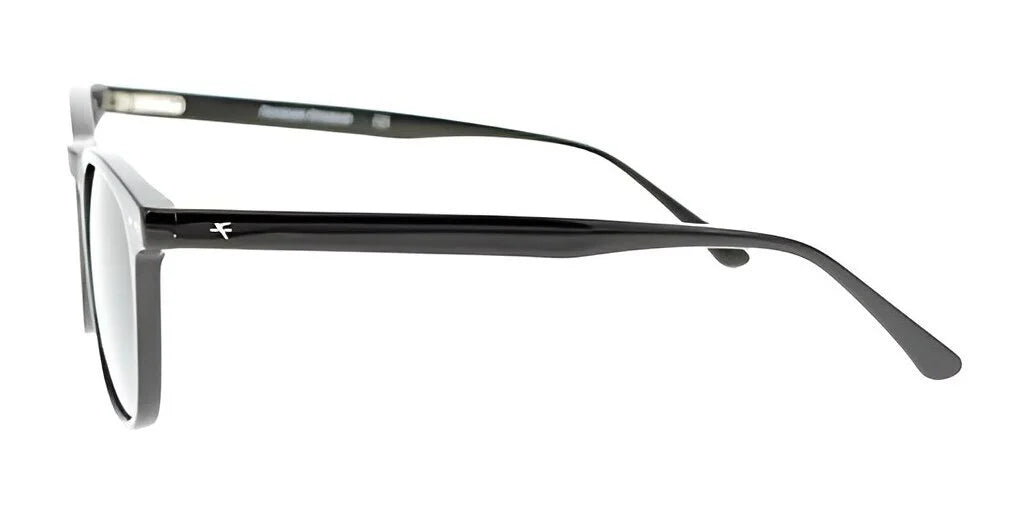 Side view of sleek black rectangular eyeglasses reminiscent of the Fatheadz ROOSTER by Fatheadz, featuring thin frames and clear lenses.