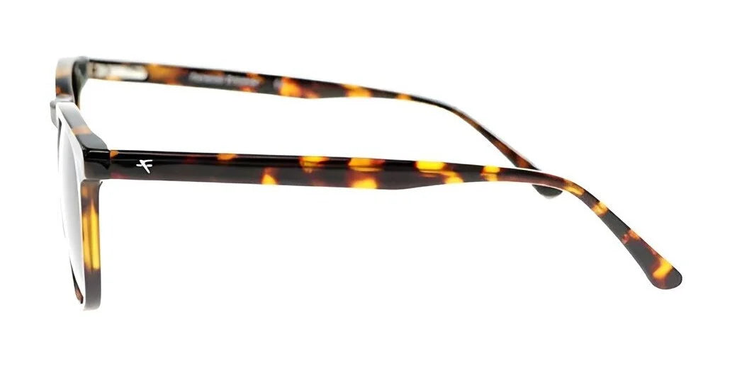 Side view of tortoiseshell eyeglasses with rectangular lenses and a small logo on the arm, similar in style to the Fatheadz ROOSTER Sunglasses by Fatheadz.