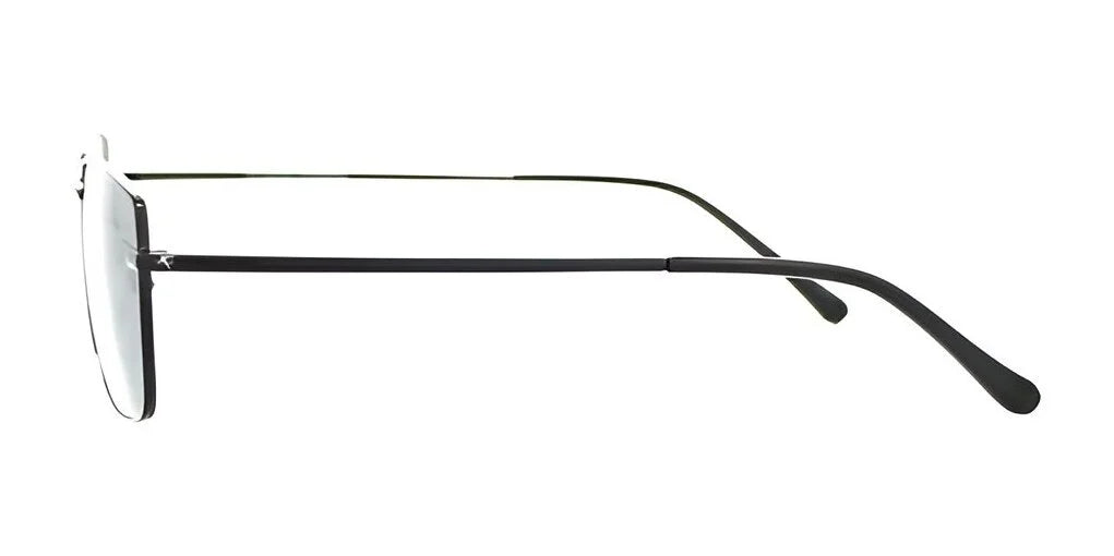 Side view of thin, black metal-framed Fatheadz SCHMEGEGGY sunglasses with clear lenses and straight temples ending in curved tips, offering a sleek alternative to Bold Shades.