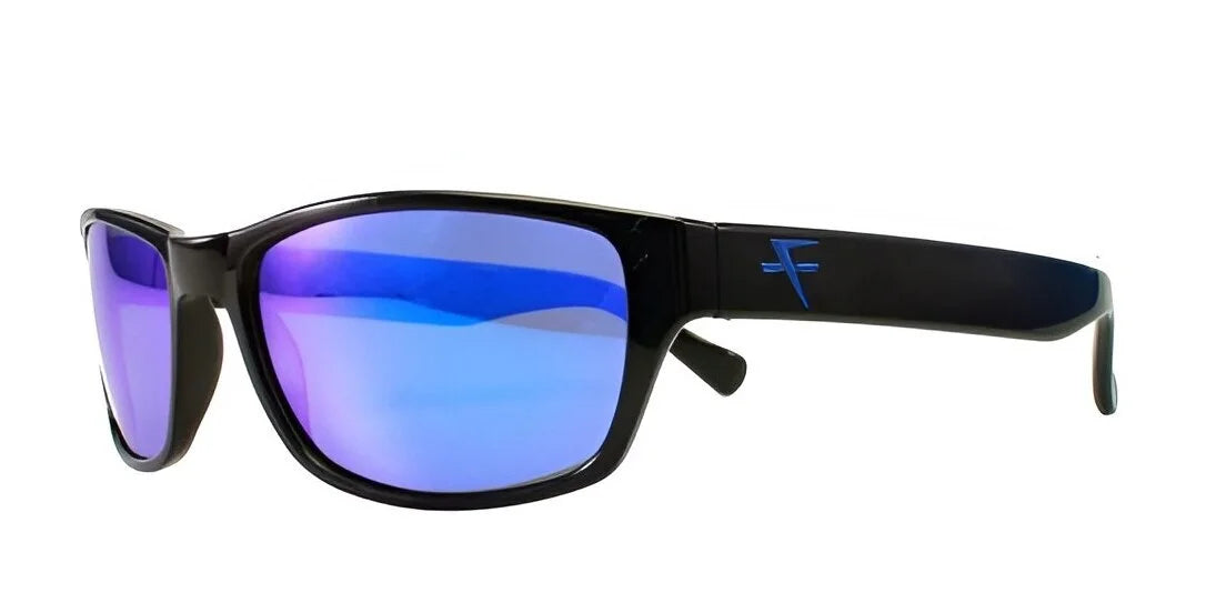 The Fatheadz SHUE Sunglasses | Size 65 by Fatheadz feature black frames with purple reflective, polarized lenses, perfect for larger head sizes. These shades boast a stylish look with a blue logo on the arm, combining both style and comfort.