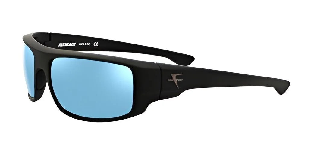 The Fatheadz SLIDE JOB Sunglasses | Size 60 offer a fashionable and functional choice for men's eyewear, featuring black wide frames, blue mirrored lenses, and a subtle temple logo.