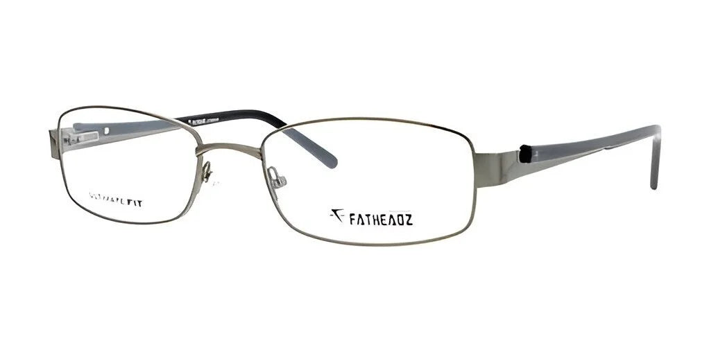 The Fatheadz STAND Eyeglasses, featuring a size 61 rectangular design with a silver frame and black arms, are ideal for those with larger faces looking for comfortable eyewear, showcased on a white background.