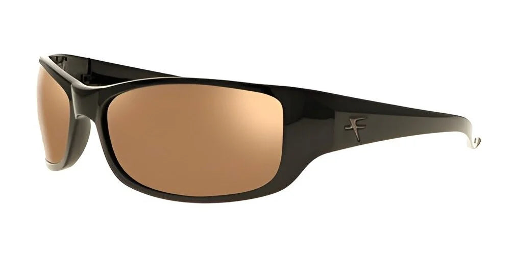 Oversized sunglasses featuring polarized brown lenses and a stylized logo on the arm, inspired by Fatheadz THE BOSS Sunglasses by Fatheadz, Size 71, in black.