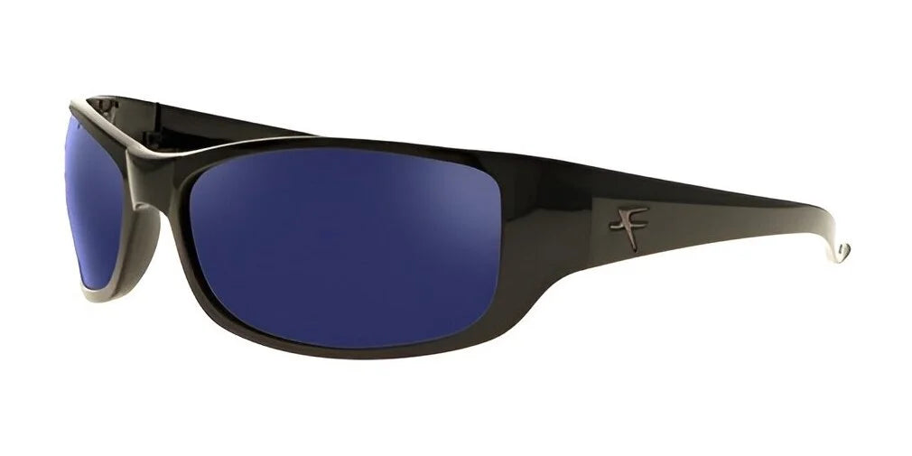 These Fatheadz THE BOSS Sunglasses, Size 71, showcase black frames with striking blue lenses and a subtle logo on the side, epitomizing Fatheadz's chic style.