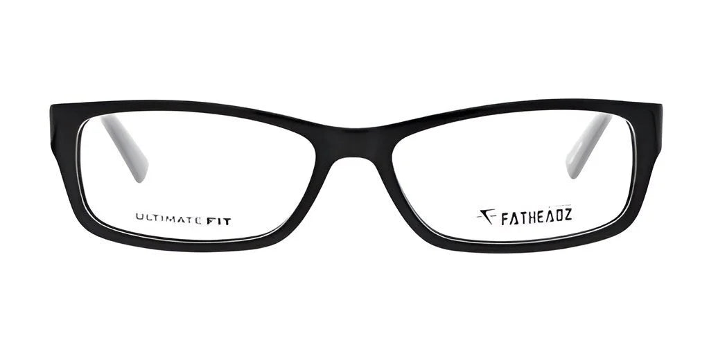 These black rectangular glasses with clear lenses are perfect for individuals with larger head sizes. The interior is marked with "Ultimate Fit" and "Fatheadz THE MIK Eyeglasses | Size 60" to guarantee an ideal fit.