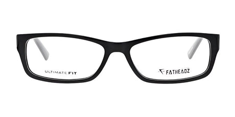 These black rectangular glasses with clear lenses are perfect for individuals with larger head sizes. The interior is marked with "Ultimate Fit" and "Fatheadz THE MIK Eyeglasses | Size 60" to guarantee an ideal fit.