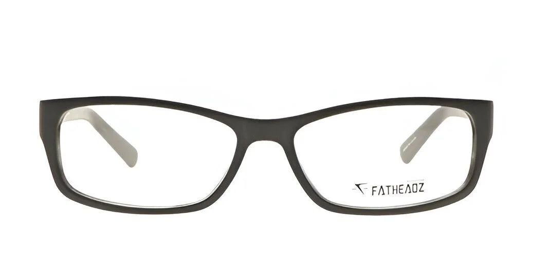 The Fatheadz THE MIK Eyeglasses | Size 60 showcase black rectangular frames complemented by light-colored temple tips and display the Fatheadz brand name on the lens, specifically crafted for larger head sizes to ensure an ideal fit.