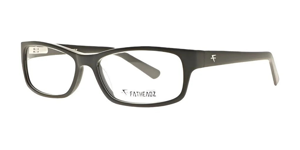 Black rectangular eyeglasses featuring thin frames and the "Fatiha Oz" logo on the lens, these Fatheadz THE MIK Eyeglasses | Size 60 provide a stylish and comfortable fit for larger head sizes.