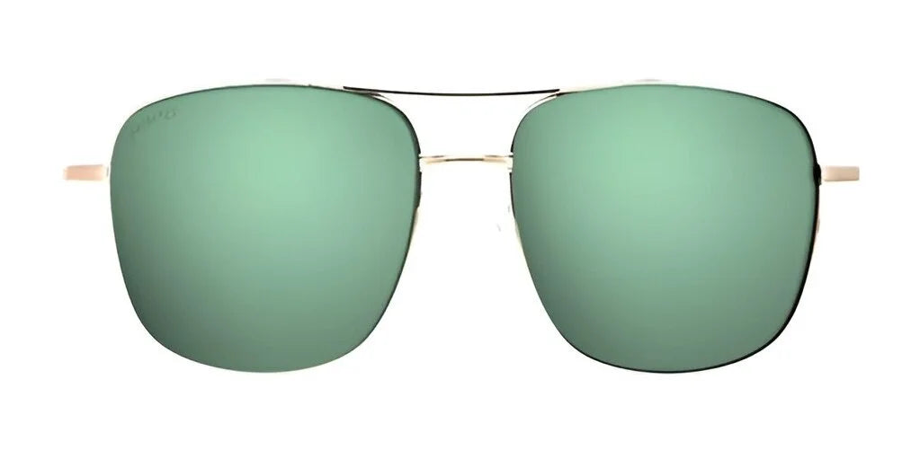 The Fatheadz THEON Sunglasses in Size 62 boast luxurious thin, gold-colored frames and green polarized lenses, exuding style against a crisp white backdrop.