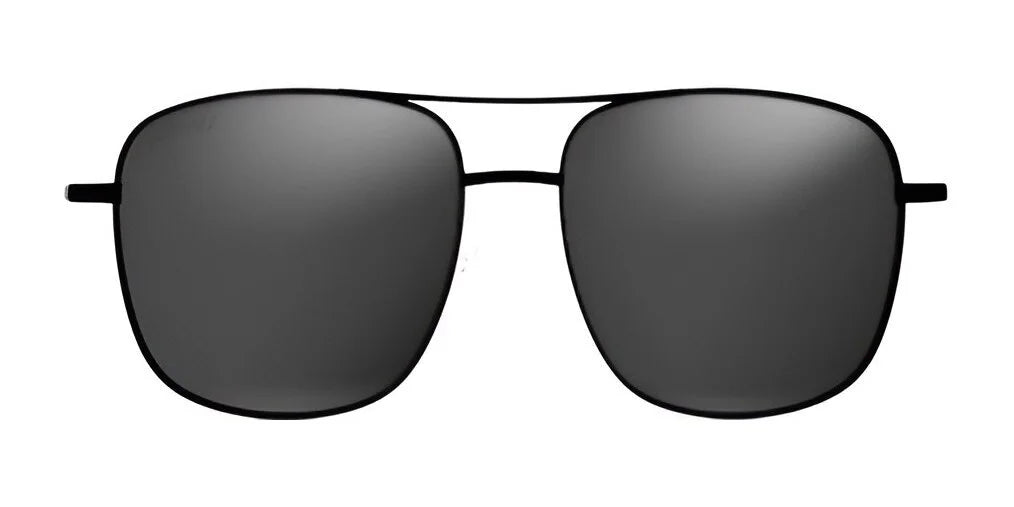 Introducing Fatheadz THEON Sunglasses | Size 62: luxury eyewear at its finest. These black aviator sunglasses from Fatheadz feature polarized lenses and dark tints, offering sleek sophistication on a white background.