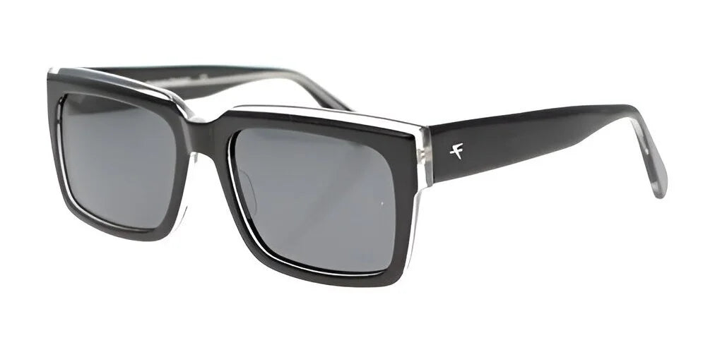 The Fatheadz TWILIGHT sunglasses by Fatheadz feature stylish black square frames with dark polarized lenses and subtle white details on the temples, offering a perfect combination of style and enhanced vision clarity for men.