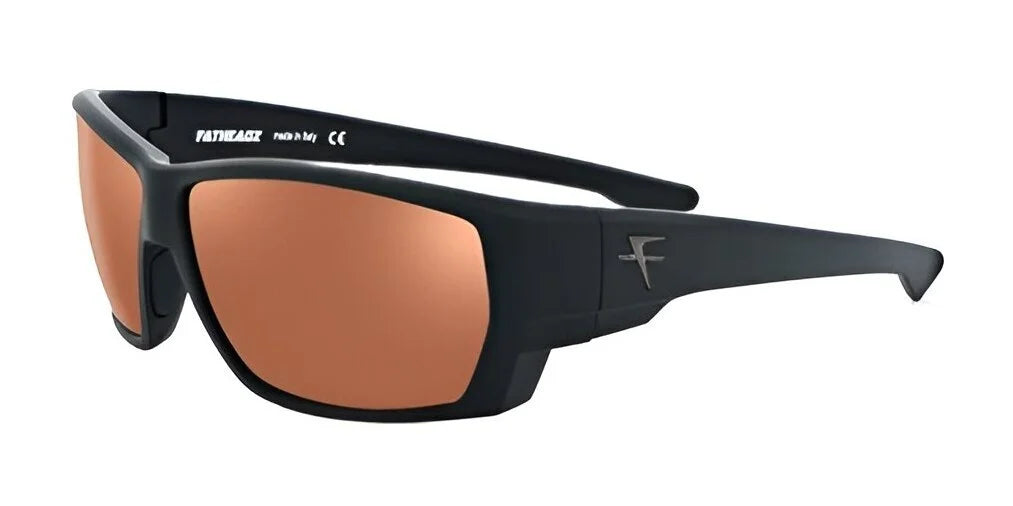 The Fatheadz UNCOUTH Sunglasses, in Size 62, display black wraparound frames with oversized orange mirrored lenses made with ZEISS LightPro technology, all presented against a pristine white background.