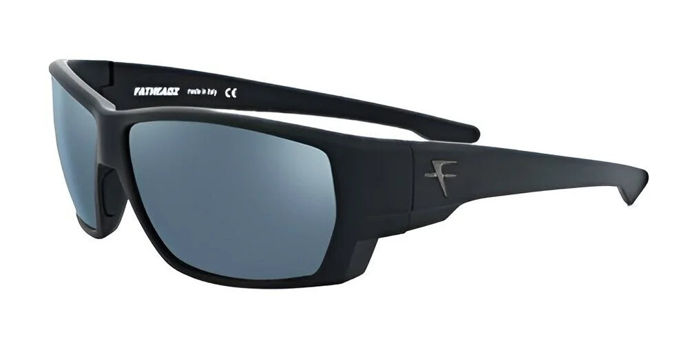 Fatheadz UNCOUTH Sunglasses in size 62, featuring reflective blue ZEISS LightPro lenses and a black wrap-around sports design.