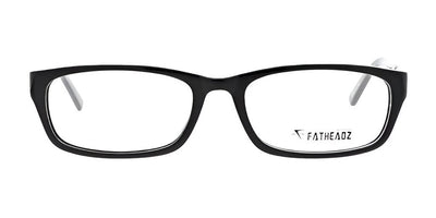 The Fatheadz WALLSTREET Eyeglasses, Size 58, feature a sophisticated black rectangular front paired with contrasting white temple arms, meticulously crafted for larger head sizes. These eyewear pieces blend style and comfort seamlessly when seen from the front.