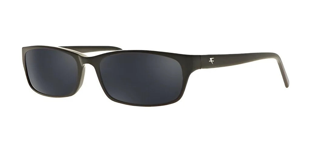 The Fatheadz WALLSTREET sunglasses, featuring a size 58 sleek black rectangular frame and dark lenses that offer UV protection, are designed for men. A subtle logo on the temple enhances their stylish appeal.