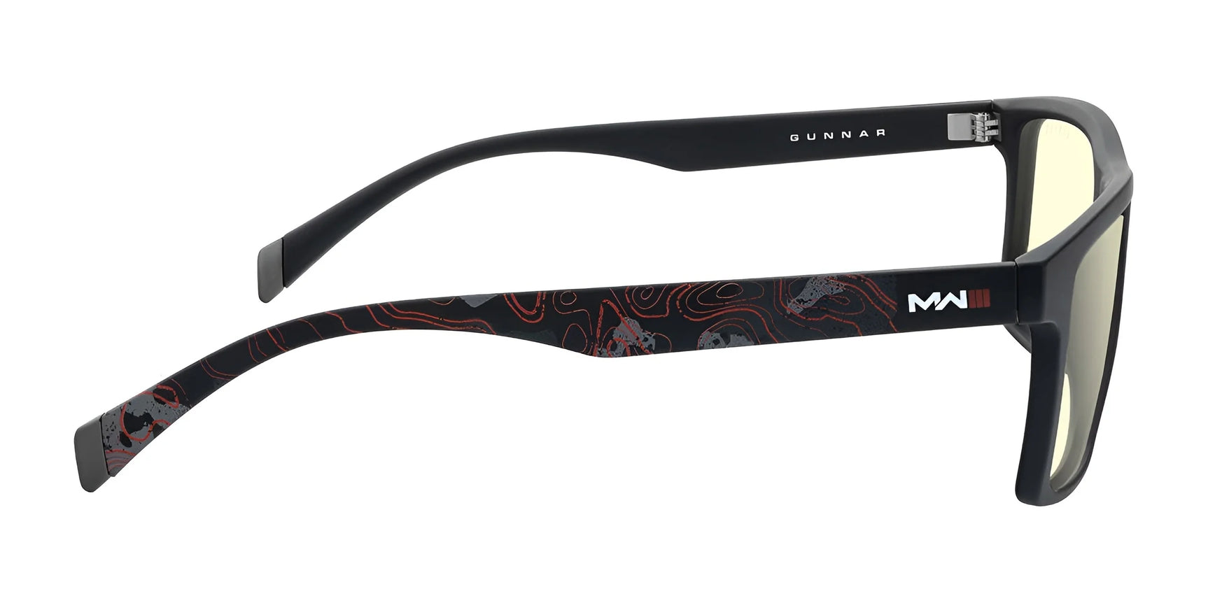 The Gunnar Call of Duty Alpha Edition Computer Glasses in black and red feature a swirl pattern with the logo on the temple. Expertly crafted with Gunnar technology, they block blue light, perfect for marathon sessions and intense gameplay. Size 57.