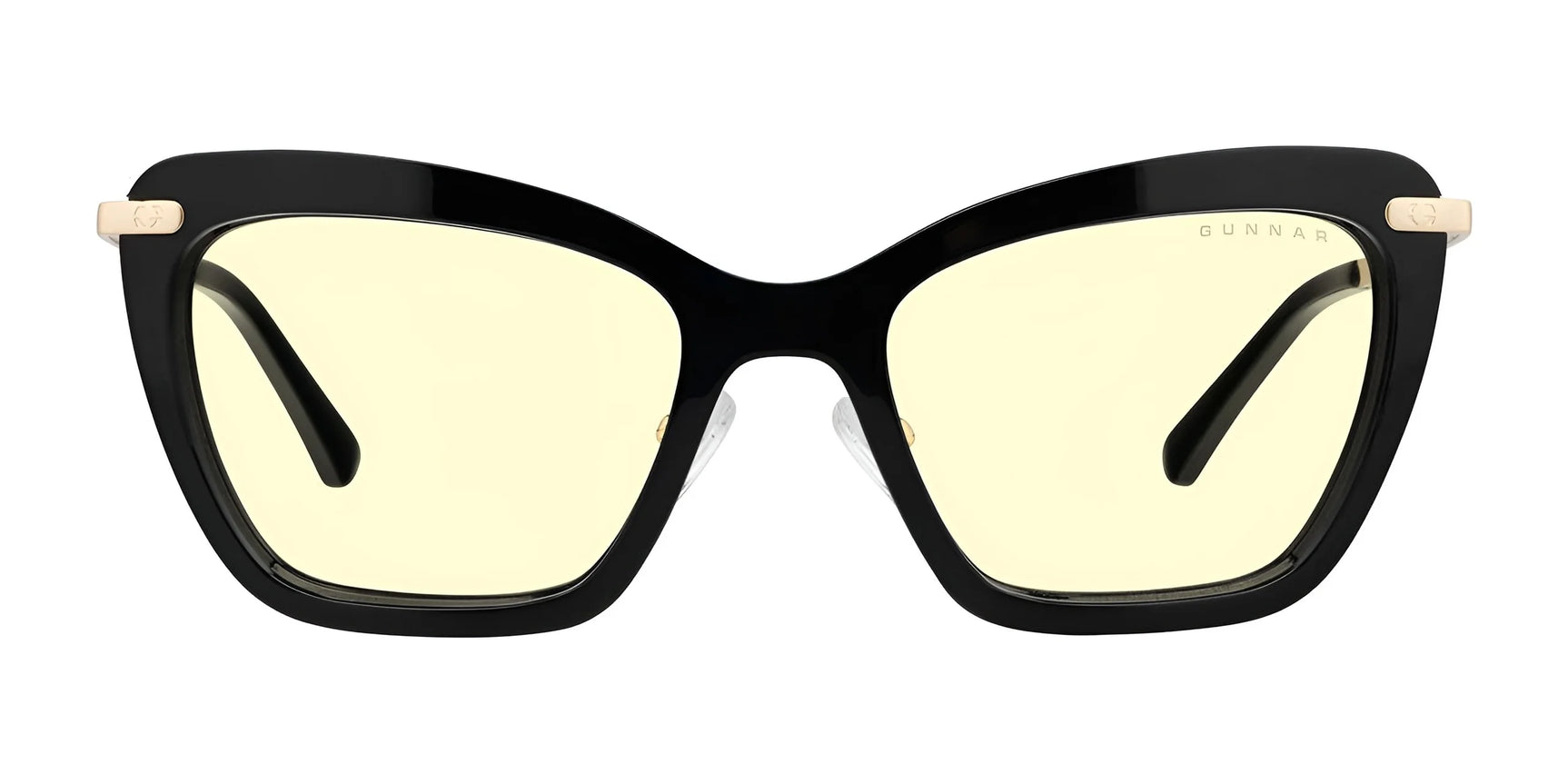 Front view of black cat-eye Gunnar Anna Computer Glasses (Size 54) with lens technology featuring yellow-tinted lenses for enhanced blue light blocking.