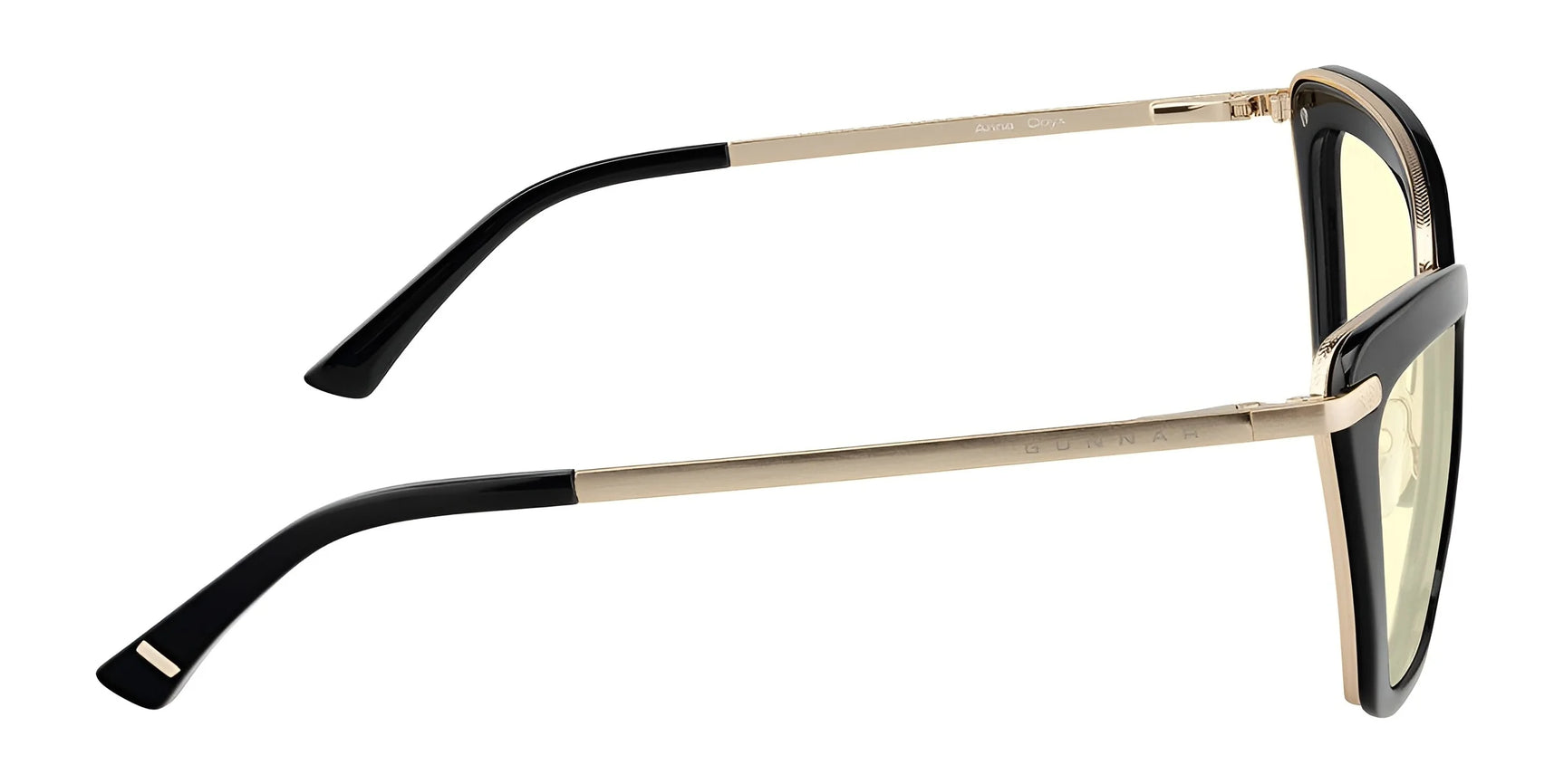 Side view of Gunnar Anna Computer Glasses in black with gold rims, featuring yellow-tinted, blue light blocking lenses using GUNNAR’s lens technology.