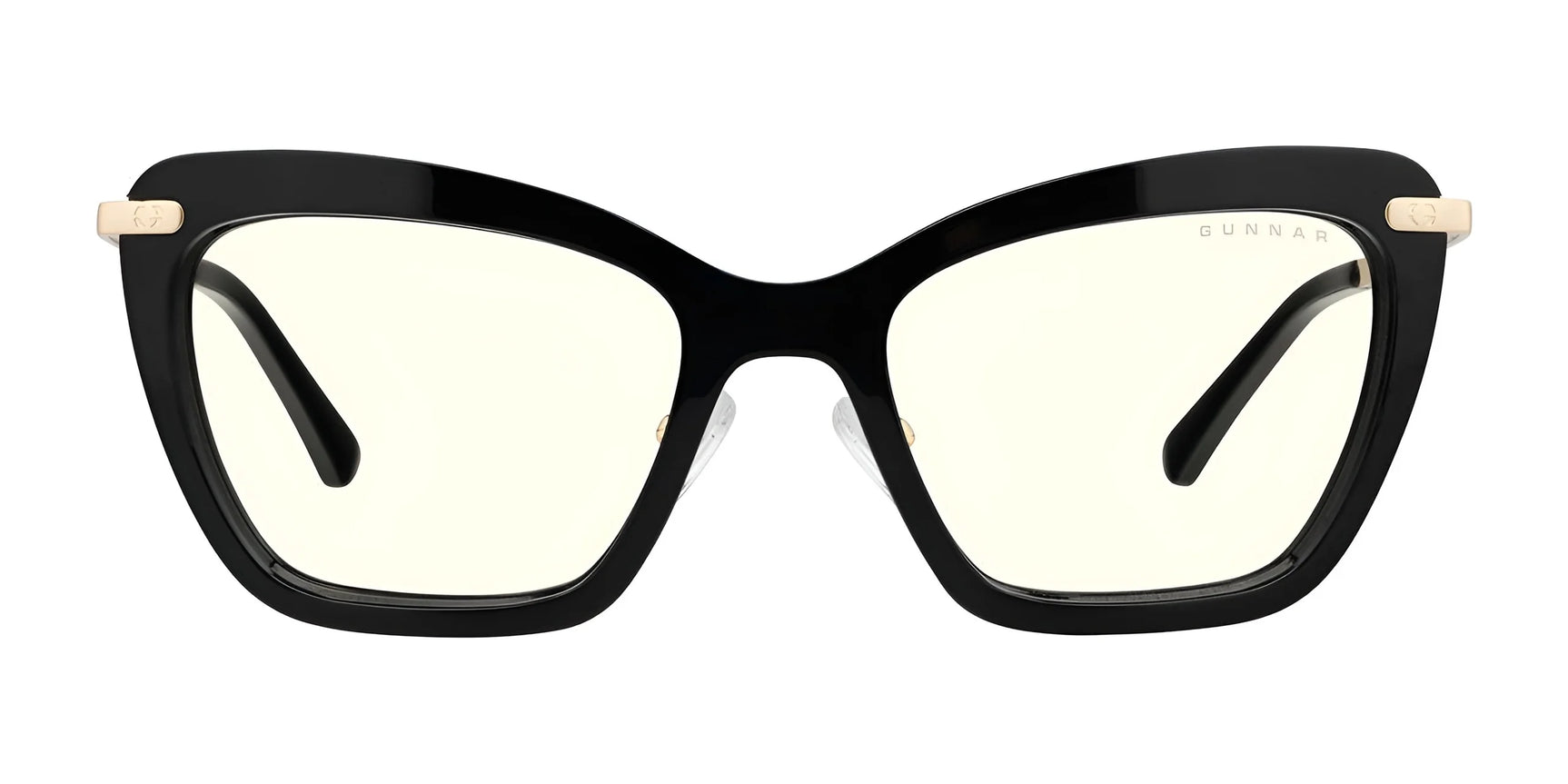 The Gunnar Anna Computer Glasses in black cat-eye design feature Gunnar's lens technology with yellow-tinted lenses and gold arm accents, providing style and blue light blocking benefits.