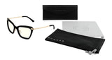 The Gunnar Anna Computer Glasses, Size 54, feature black cat-eye frames and GUNNAR lens technology. They come with a protective case, cleaning cloth, and drawstring pouch, all branded with the Gunnar logo.