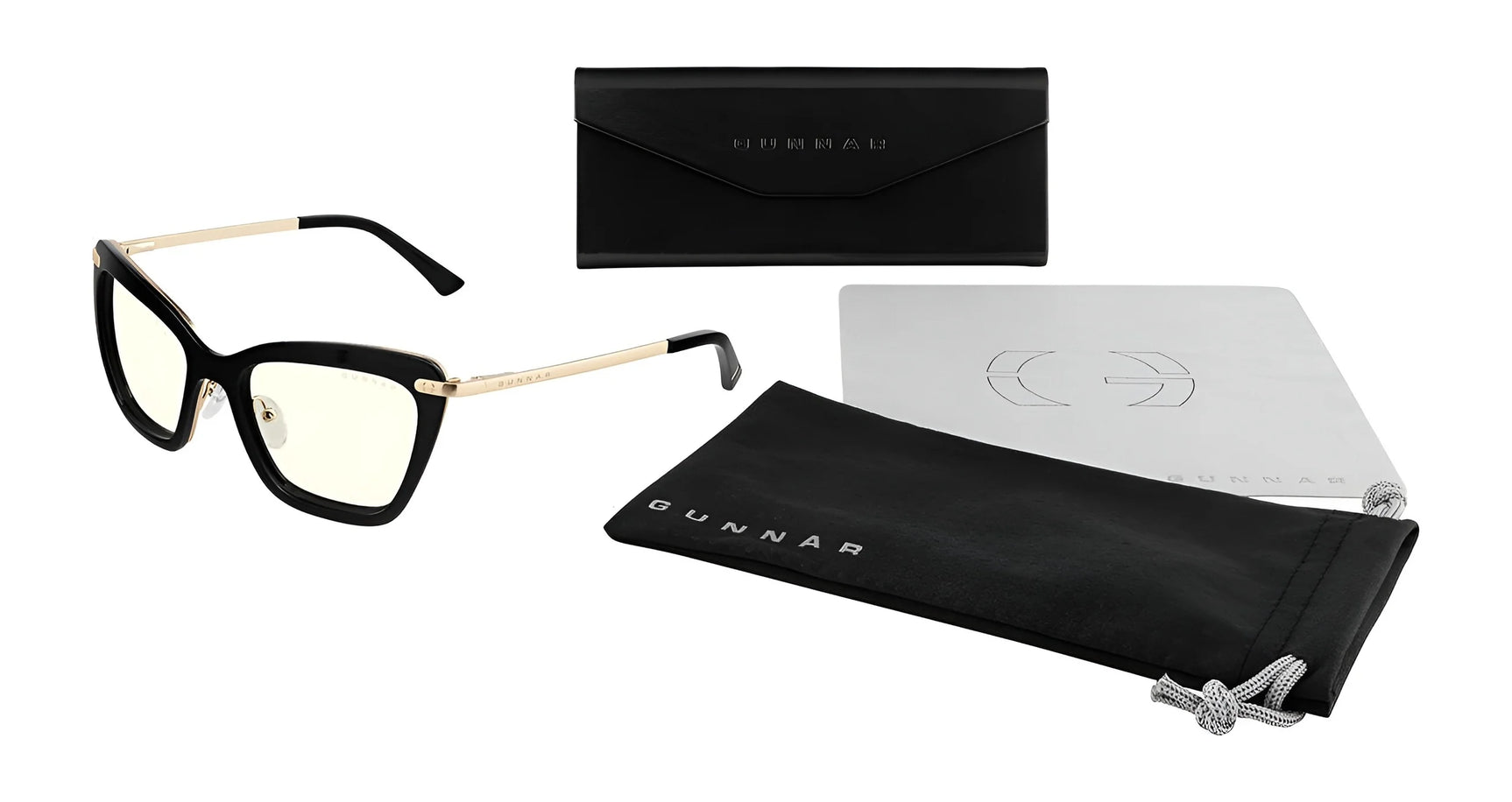The Gunnar Anna Computer Glasses, Size 54, feature black cat-eye frames and GUNNAR lens technology. They come with a protective case, cleaning cloth, and drawstring pouch, all branded with the Gunnar logo.