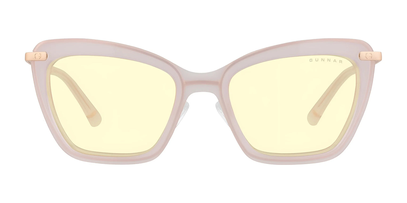 Gunnar Anna Computer Glasses, Size 54, feature white cat-eye frames with light yellow lenses and gold hinges. Enhanced with GUNNAR lens technology, they provide ultimate blue light blocking.